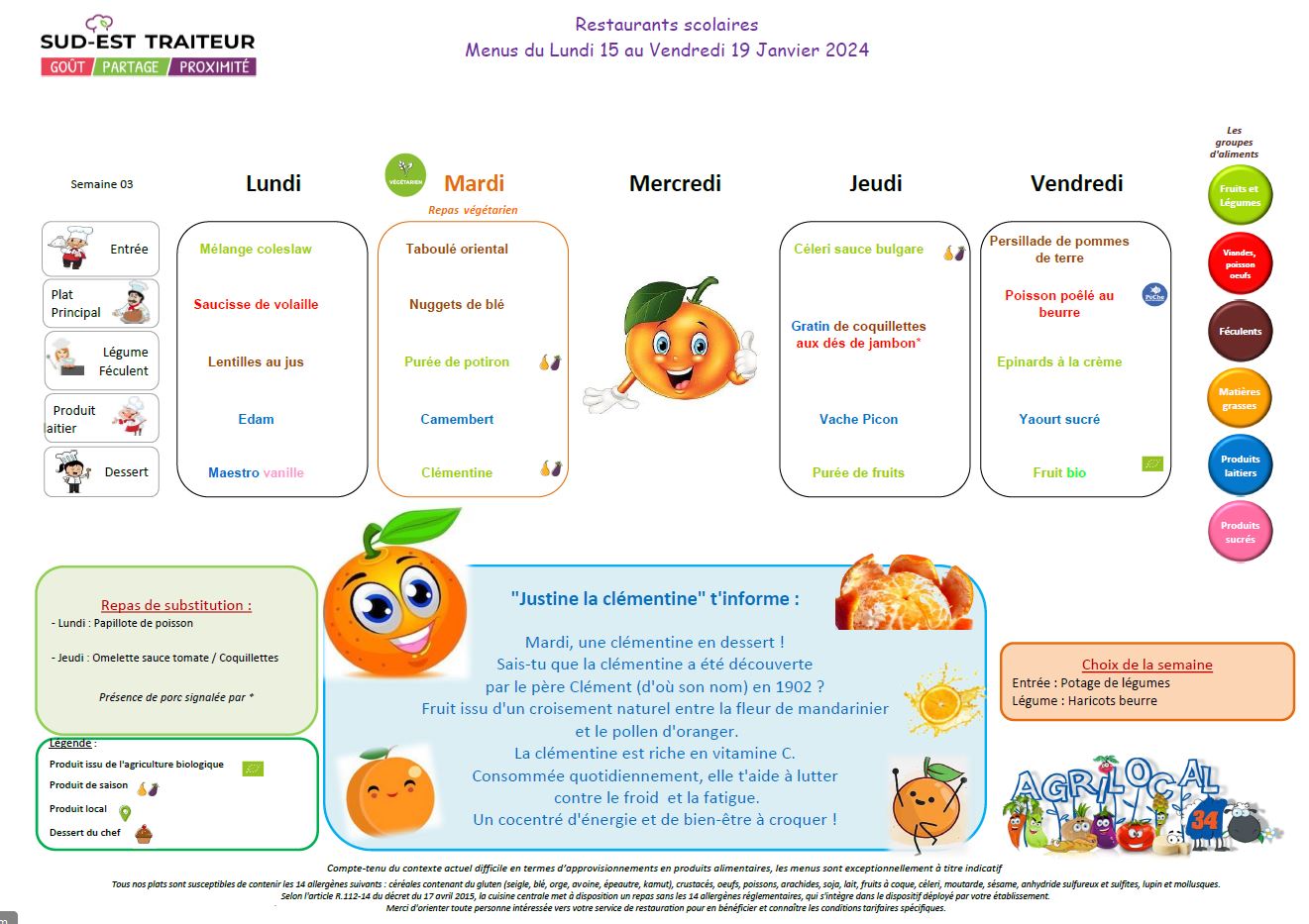 menu cantine du 15 au 19 janvier 24