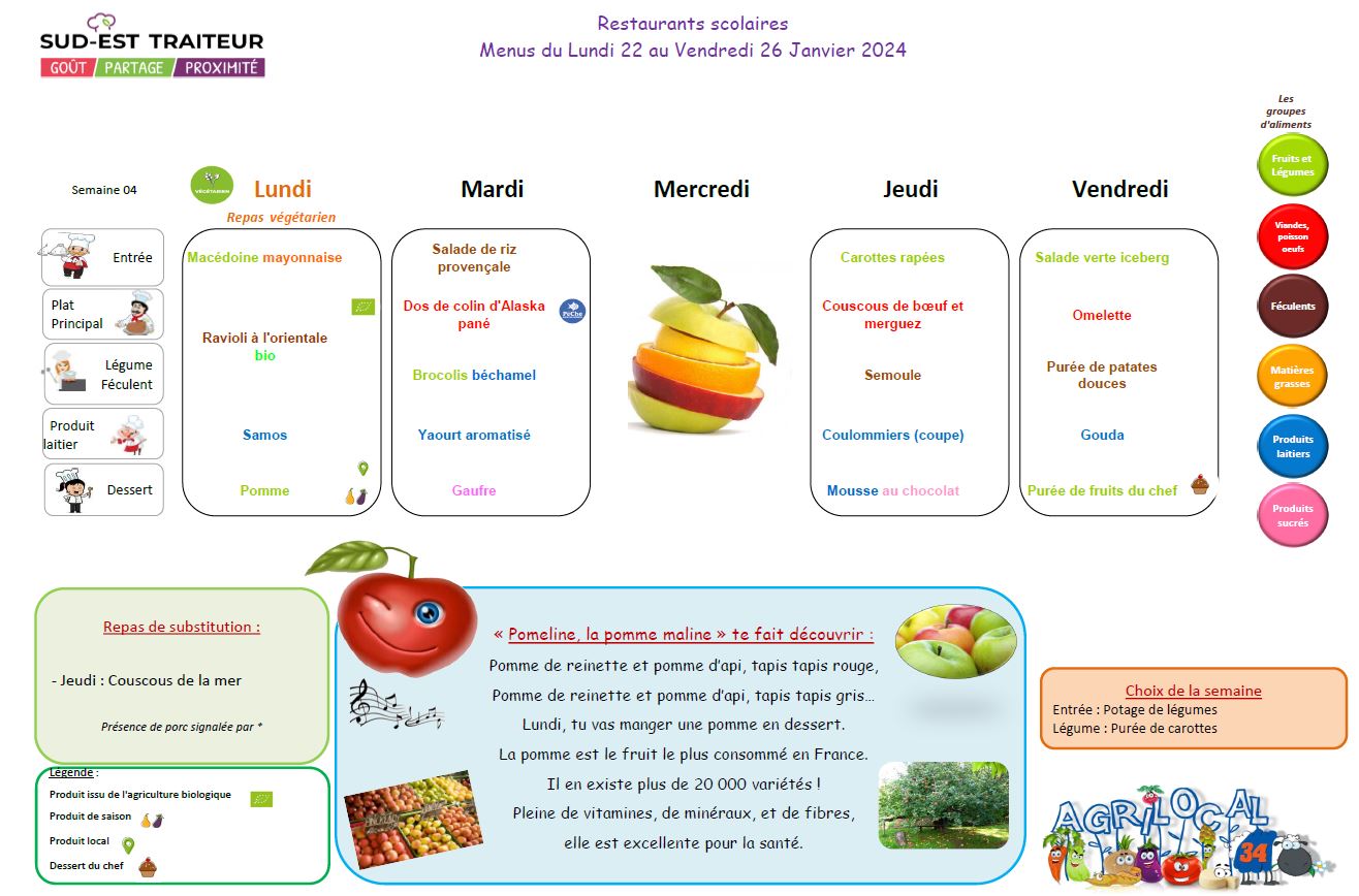 menu cantine du 22 au 26 janvier 24