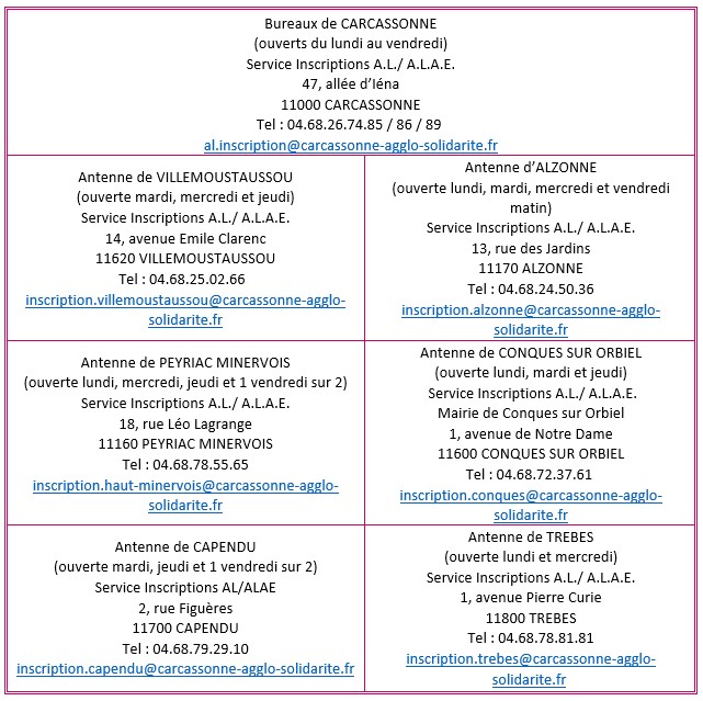 horaires ouverture sce inscriptions AL