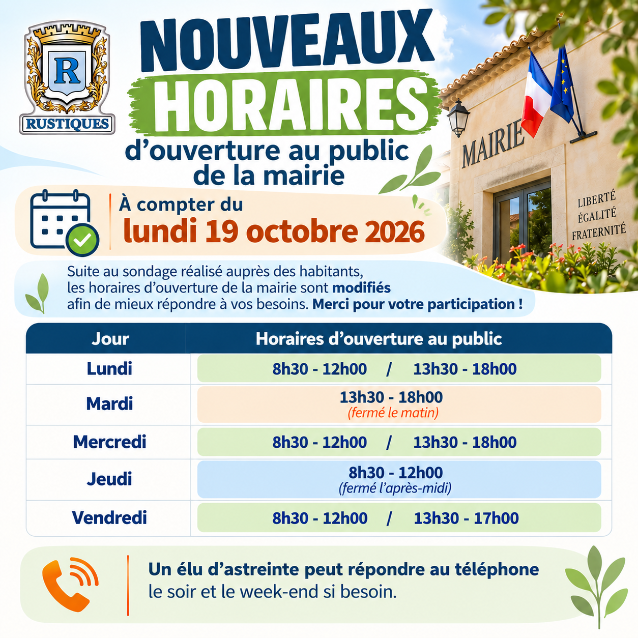 Nouveaux horaires de la mairie de Rustiques